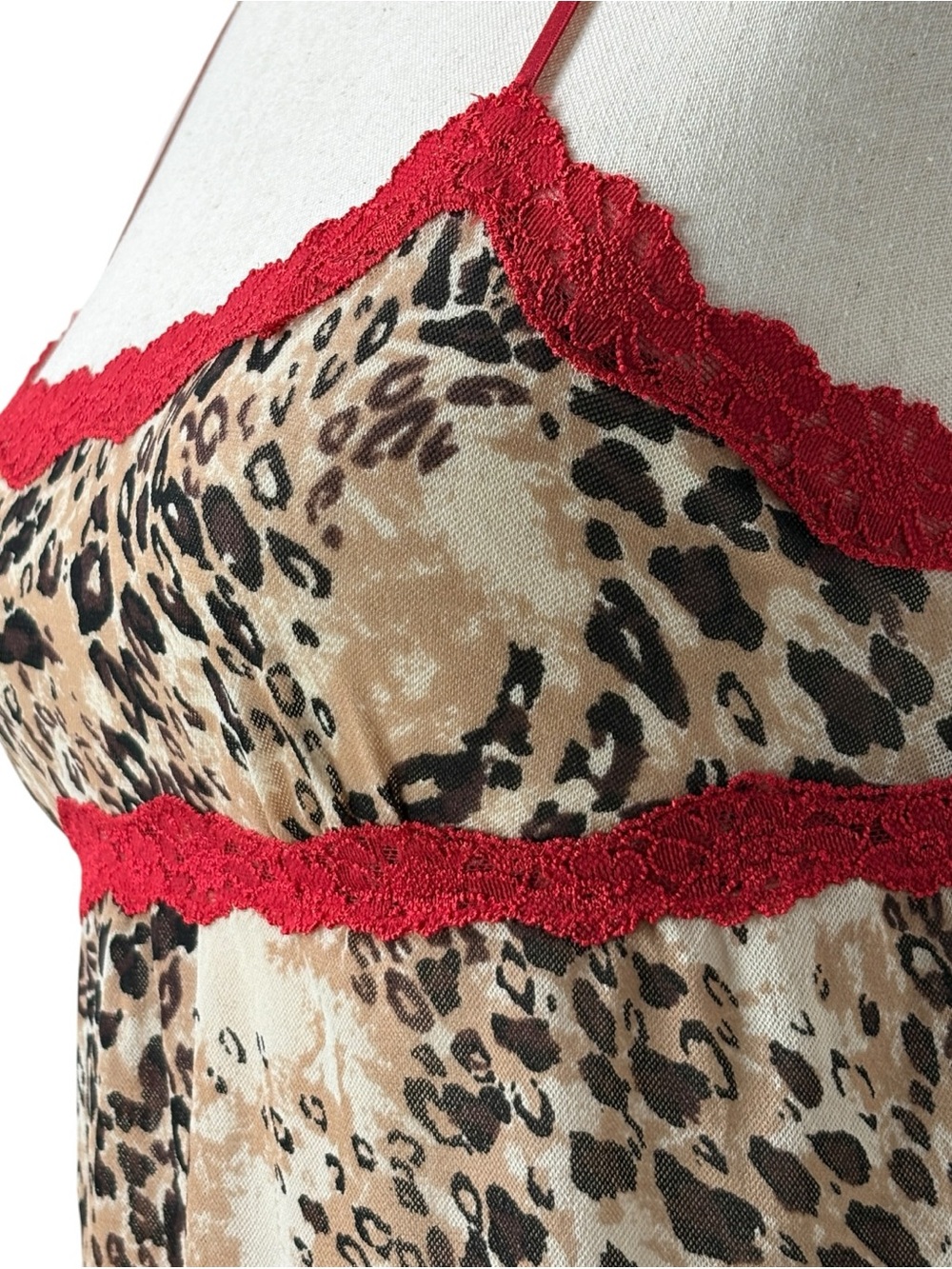Cabernet Y2K Leopard Mesh Babydoll Top S Red Lace Whimsigoth Indie Sleaze Vampi - Picture 4 of 13